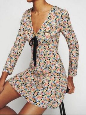 Reformation Mavis Dress features a vibrant "Trix" floral print  with long sleeve